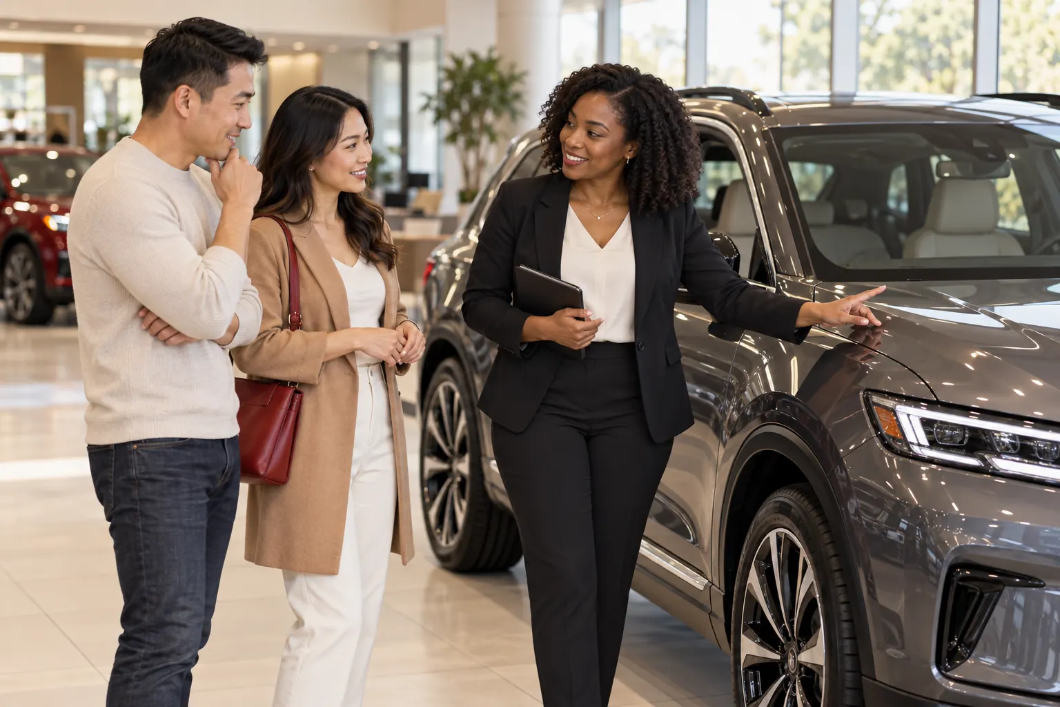 Dealership consultant showing a couple a new car