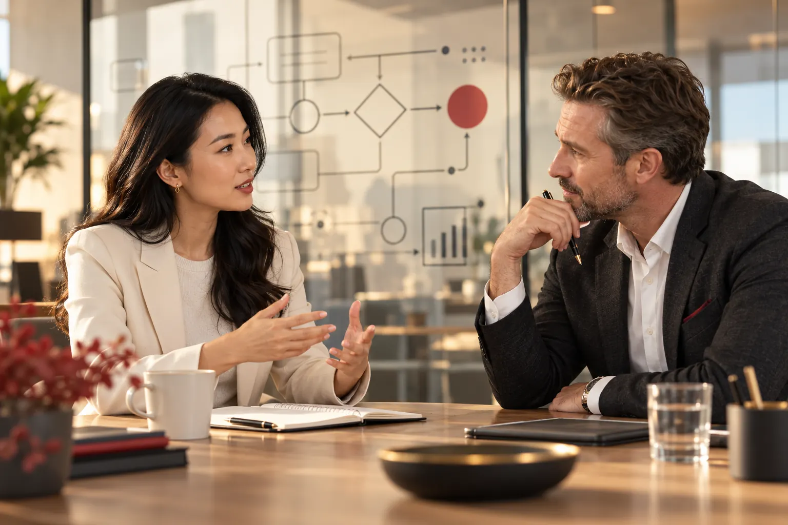 Two colleagues discussing a software workflow