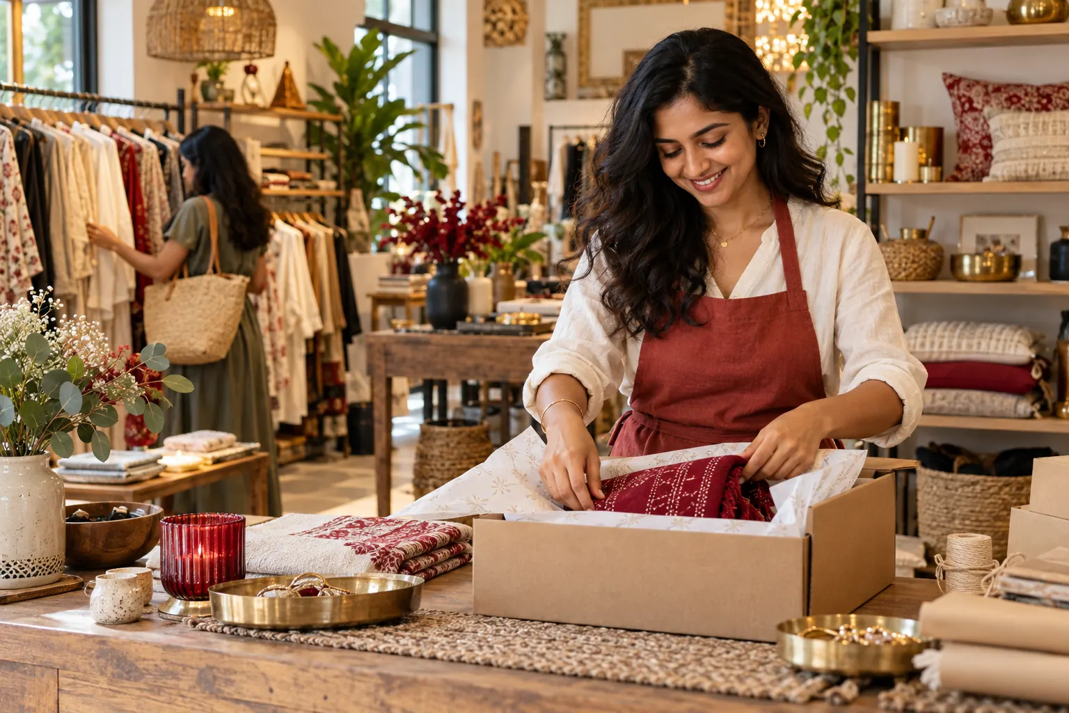 Shop owner packing an online order in her boutique