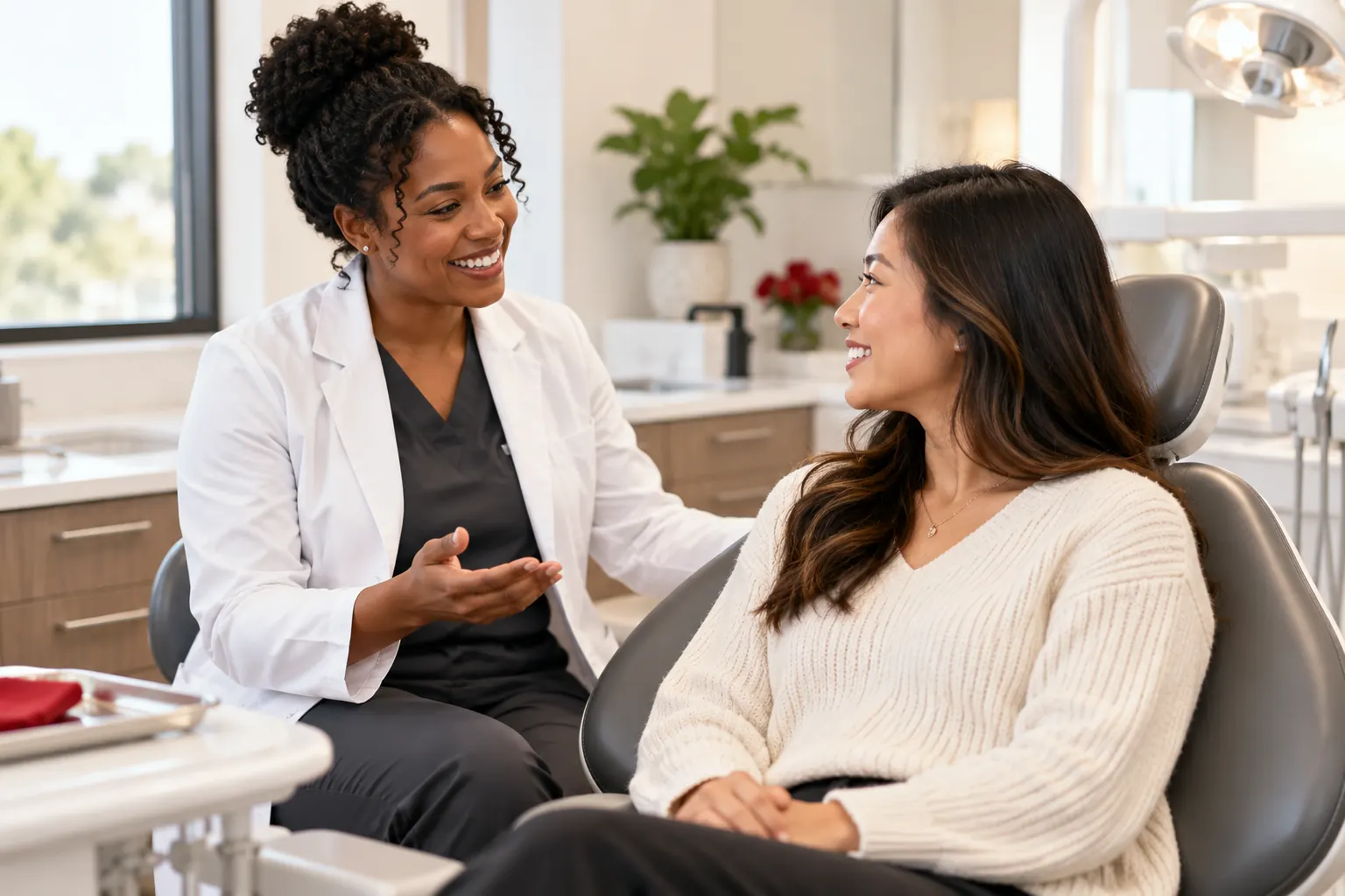 Dentist talking with a patient in the treatment chair