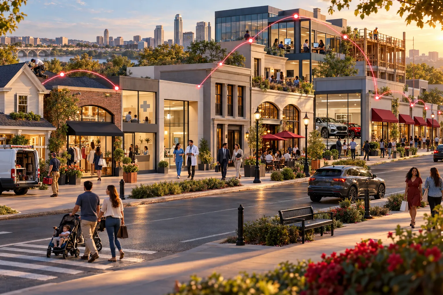 A busy shopping street of local businesses linked by a red line, from one location to many
