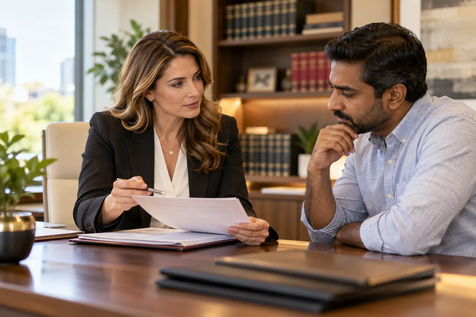 Lawyer reviewing a document with a client