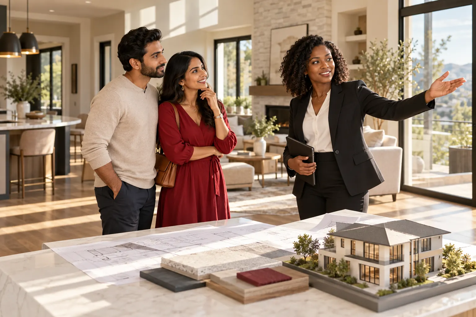 Agent showing a couple a model of their new home