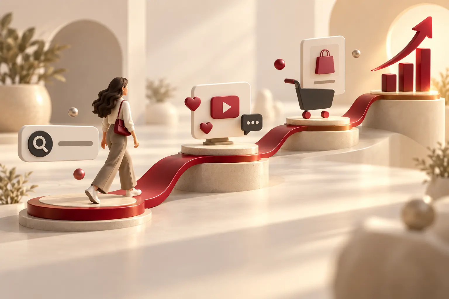 Illustration: a customer's path from search to video ads to checkout