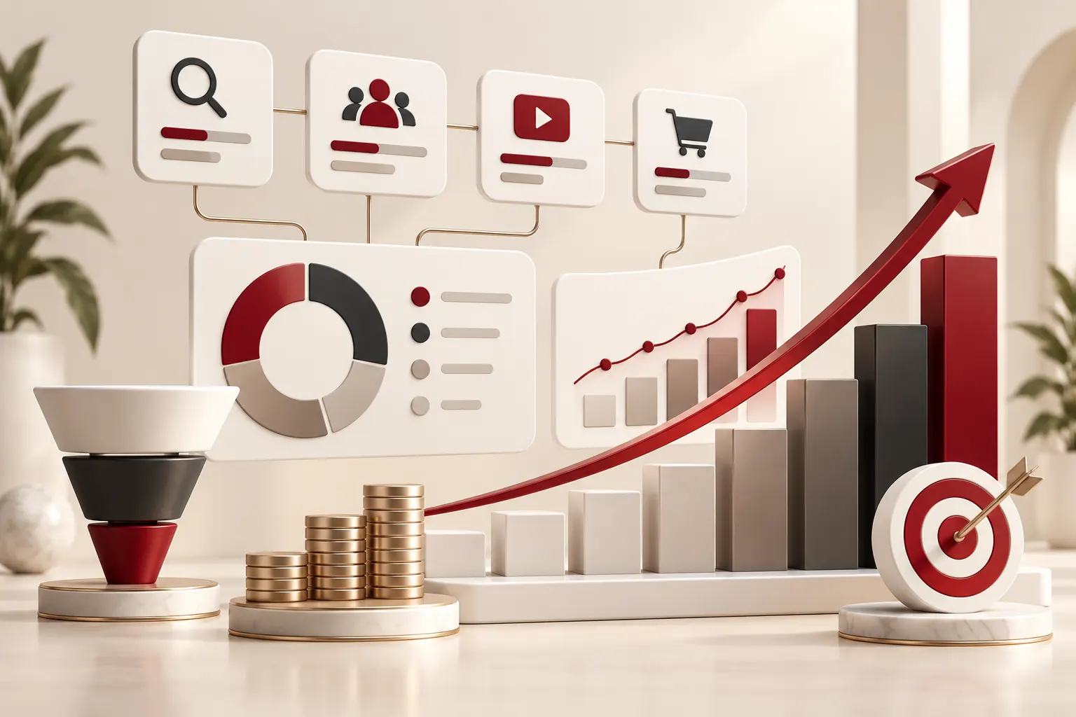 Illustration: a marketing funnel, budget and channels feeding a rising results chart