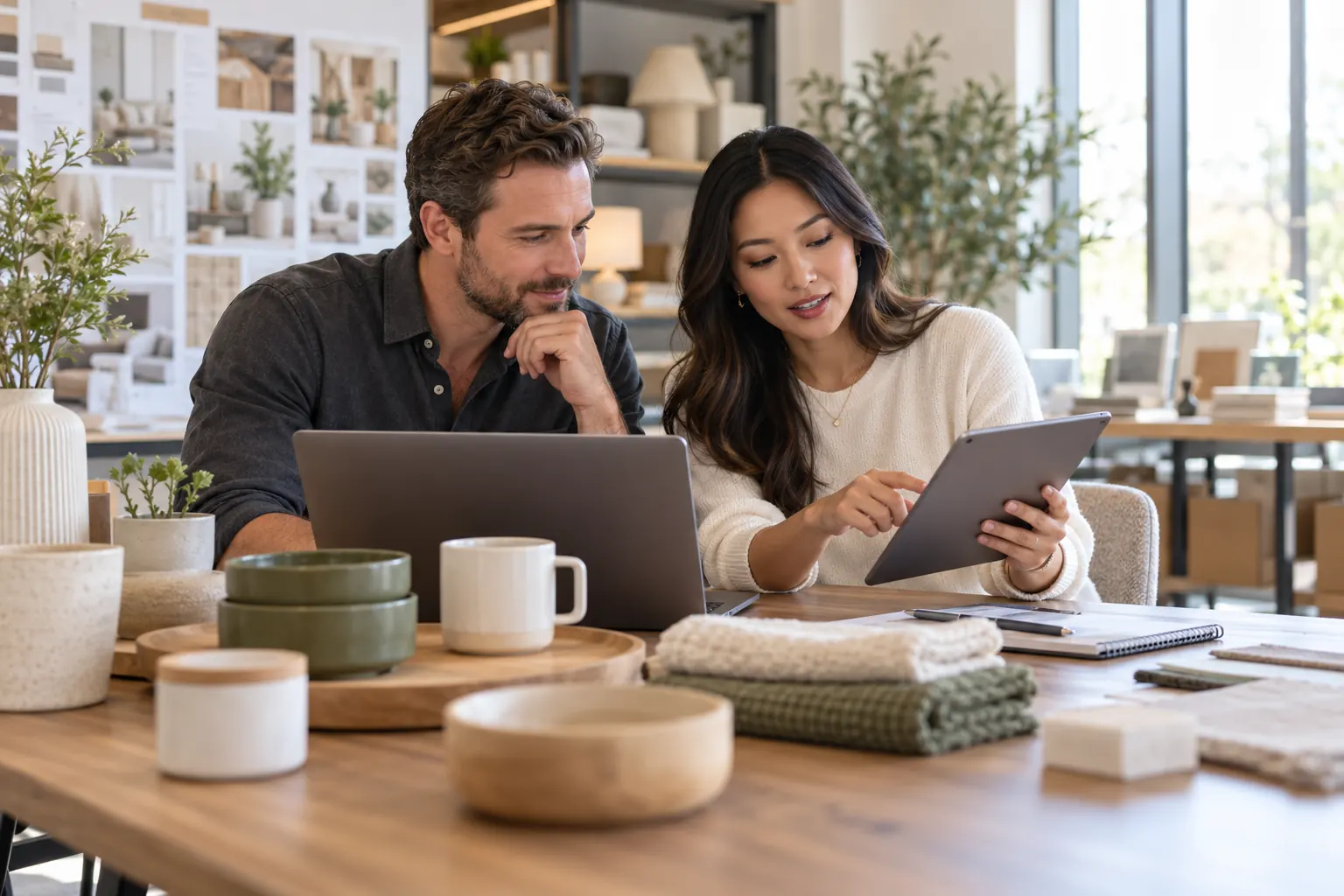 Home goods brand owners reviewing products and campaign results