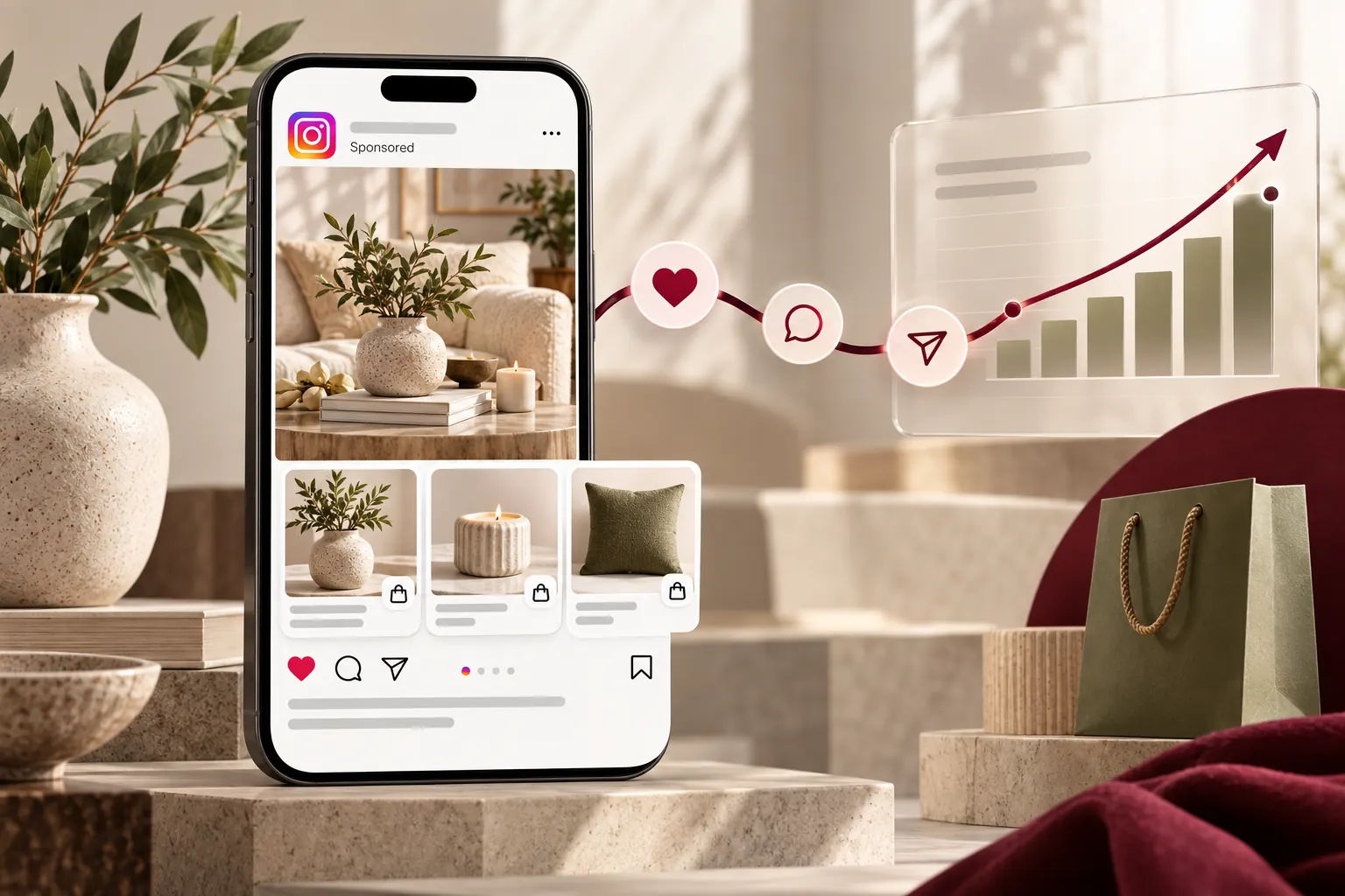 Illustration: a shoppable Instagram feed post with likes, comments and rising sales